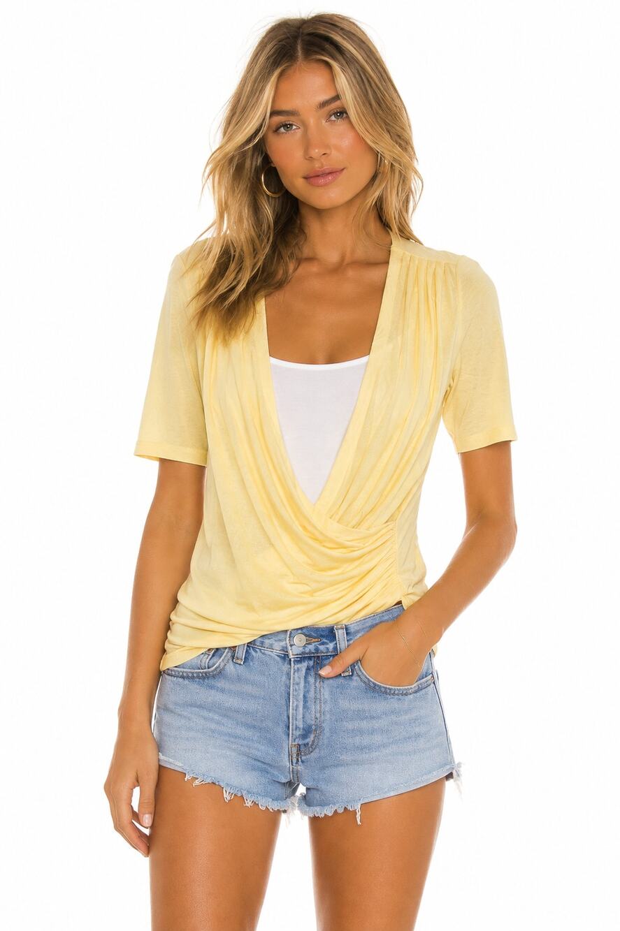 Karen Kane Butter Yellow Drape Front Short Sleeve Top NWT Size XS